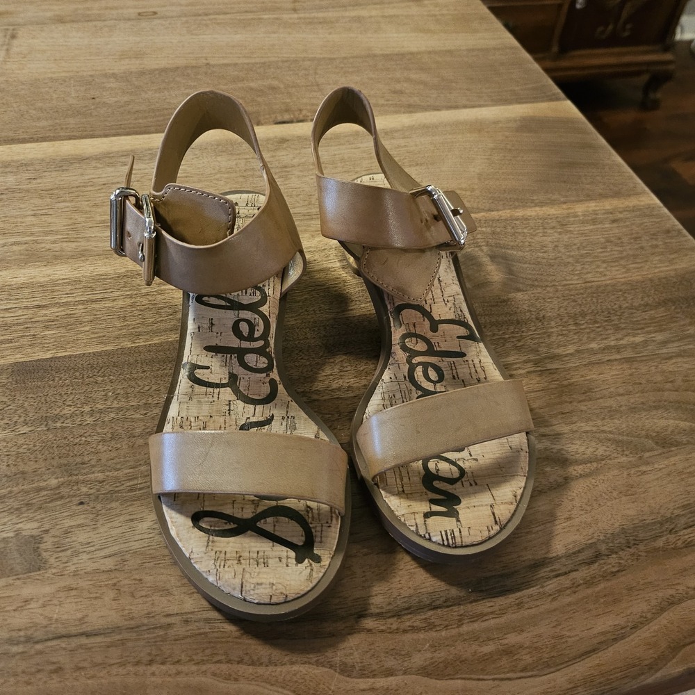 Sam Edelman Trina Sandals W Whiskey Brown Leather Straps And Metalic Block Heel